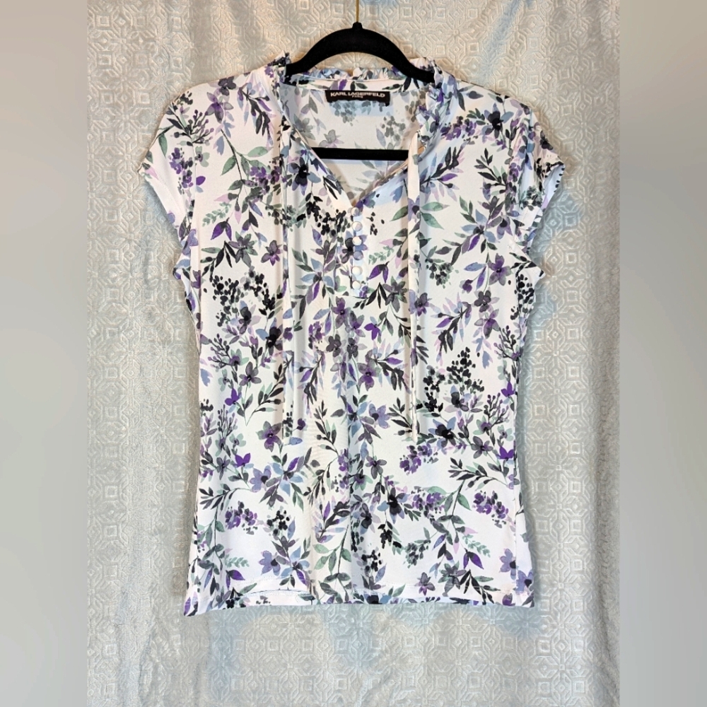 Karl Lagerfeld White and Purple Floral Blouse